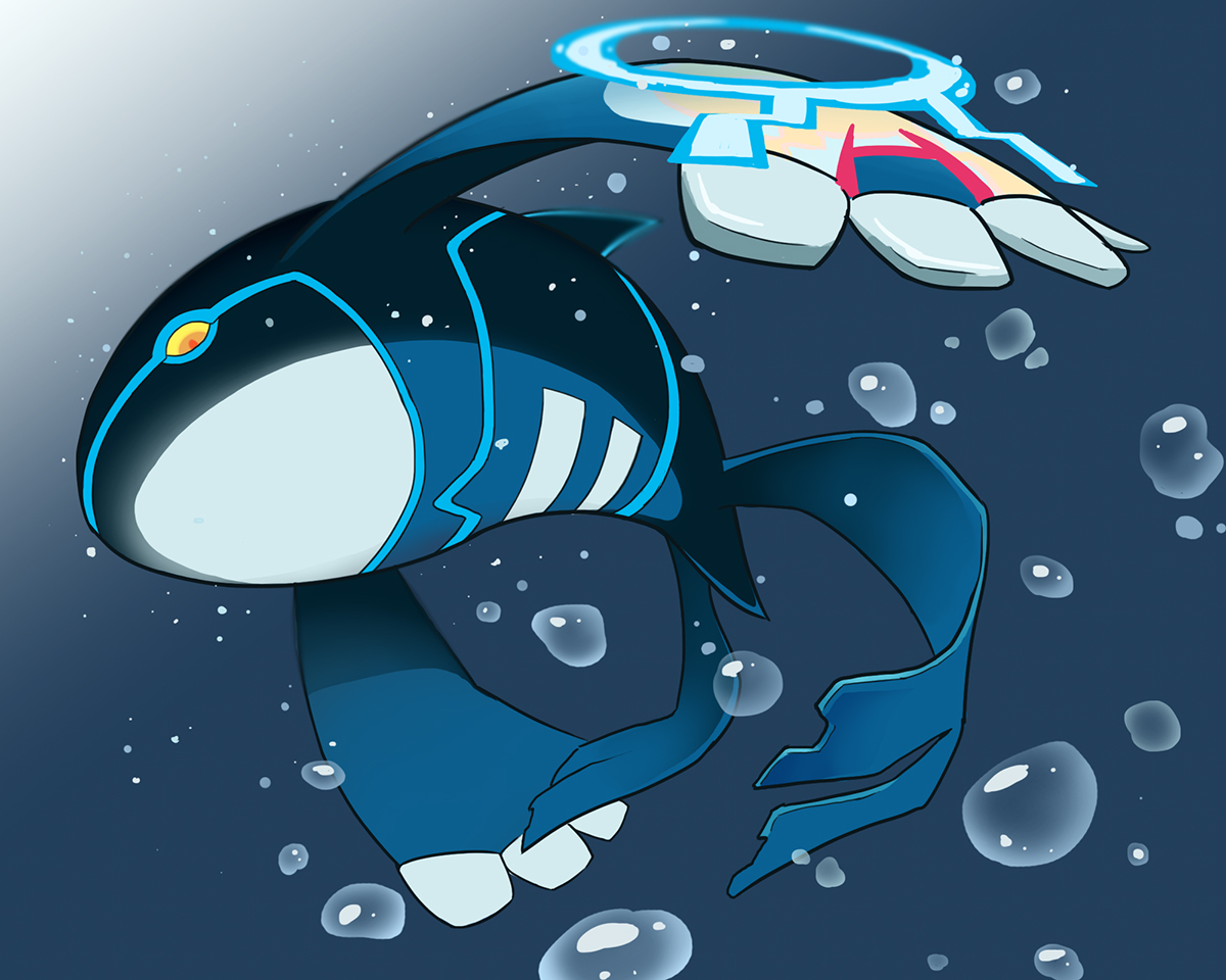 warabimoti168, kyogre, primal kyogre, nintendo, pokemon, commentary request, air bubble, animal focus, bubble, closed mouth, colored sclera, full body, gen 3 pokemon, legendary pokemon, no humans, orange eyes, orange pupils, pokemon (creature), pokemon focus, solo, underwater, yellow sclera