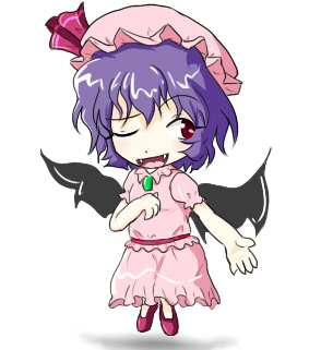 samurai (kasizuki), samurai (pixiv), remilia scarlet, touhou, lowres, 1girl, bad anatomy, bat wings, blue hair, chibi, fangs, female focus, hat, one eye closed, poorly drawn, red eyes, short hair, solo, wings, wink