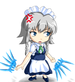 samurai (kasizuki), samurai (pixiv), izayoi sakuya, touhou, silver hair, lowres, 1girl, angry, bad anatomy, blue eyes, braid, chibi, female focus, knife, maid, poorly drawn, ribbon, short hair, solo, throwing knife, twin braids, weapon