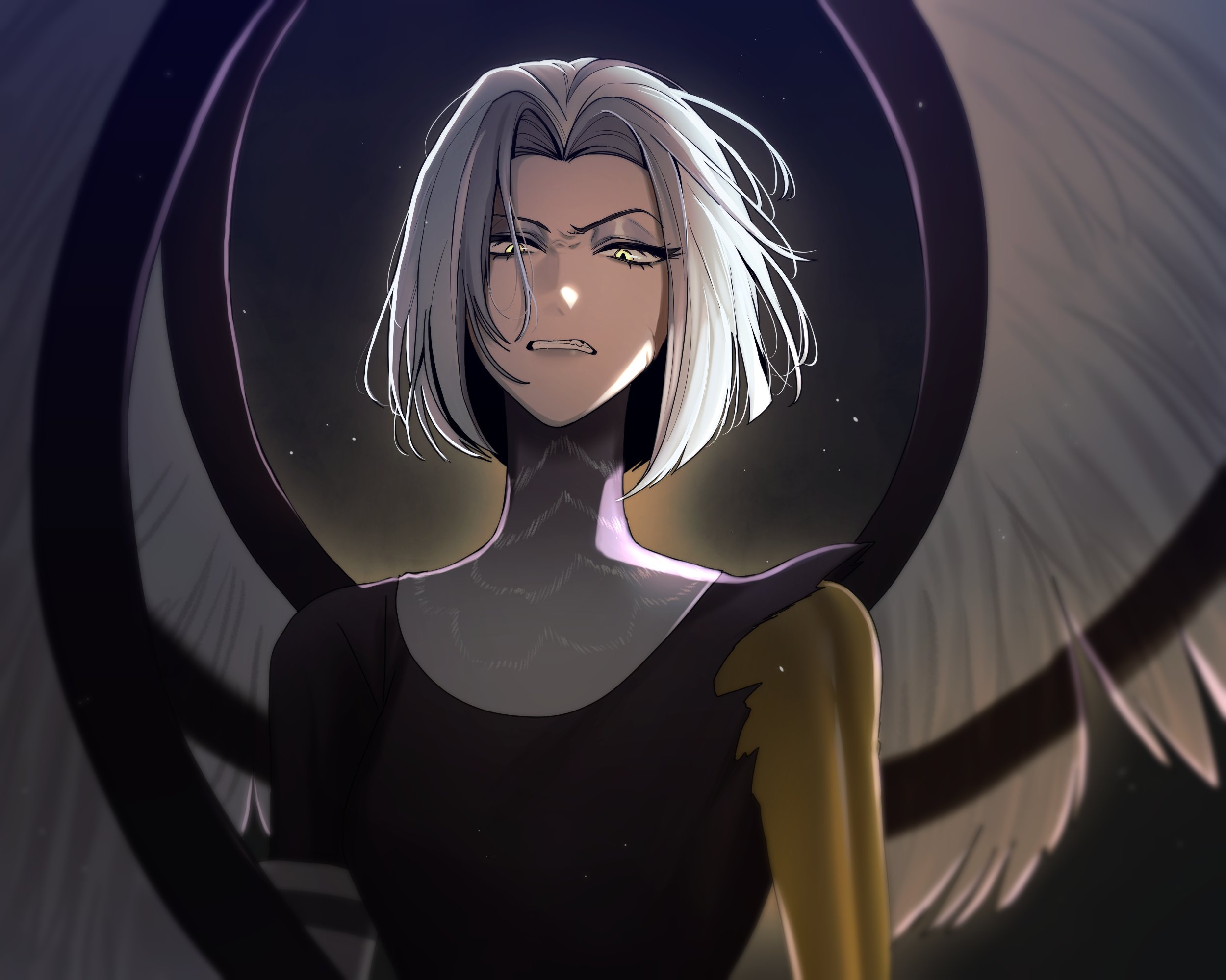 hntpan, lute (hazbin hotel), hazbin hotel, hellaverse, commentary, english commentary, highres, 1girl, angry, arms at sides, backlighting, black background, black wings, bob cut, breasts, clenched teeth, curtained hair, eyeshadow, feathered wings, feathers, from below, golden arms, grey eyeshadow, grey hair, grey shirt, half-closed eyes, light particles, makeup, multicolored hair, oversized wings, shirt, short hair, simple background, small breasts, solo, streaked hair, teeth, tsurime, two-tone hair, two-tone wings, upper body, v-shaped eyebrows, white hair, white wings, wind, wings, yellow eyes