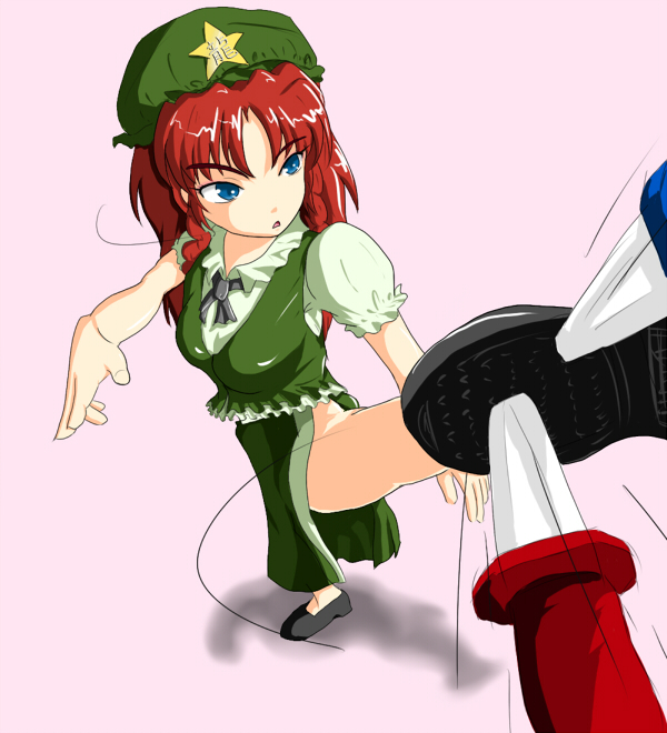 samurai (kasizuki), samurai (pixiv), hong meiling, immaterial and missing power, touhou, 1girl, bad anatomy, blue eyes, braid, china dress, chinese clothes, dress, female focus, from above, hat, high kick, kicking, knife, long hair, poorly drawn, red hair, ribbon, solo, throwing knife, twin braids, weapon
