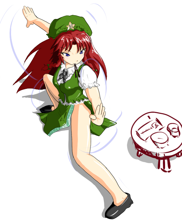 samurai (kasizuki), samurai (pixiv), hong meiling, immaterial and missing power, touhou, 1girl, bad anatomy, blue eyes, braid, china dress, chinese clothes, chopsticks, dress, female focus, fighting stance, food, food on face, from above, hat, poorly drawn, red hair, rice, rice on face, solo, table, twin braids