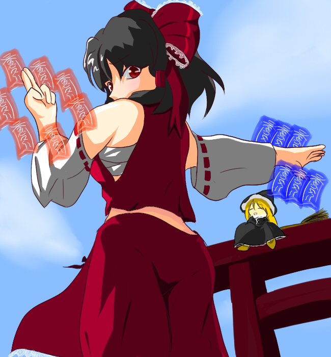 samurai (kasizuki), samurai (pixiv), hakurei reimu, kirisame marisa, touhou, 2girls, bad anatomy, black hair, blonde hair, broom, detached sleeves, female focus, from below, hat, japanese clothes, looking back, miko, multiple girls, poorly drawn, red eyes, ribbon, sarashi, torii, witch, witch hat