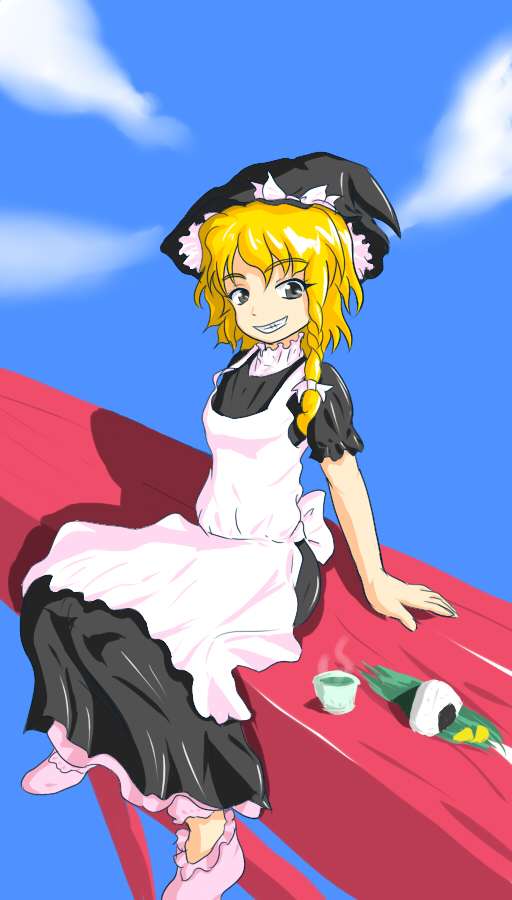 samurai (kasizuki), samurai (pixiv), kirisame marisa, touhou, 1girl, bad anatomy, blonde hair, braid, cup, female focus, food, hat, onigiri, poorly drawn, solo, tea, torii, witch, witch hat