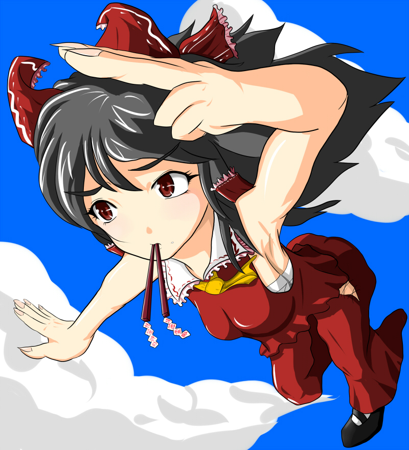 samurai (kasizuki), samurai (pixiv), hakurei reimu, touhou, 1girl, armpits, bad anatomy, bad hands, black hair, chopsticks, female focus, fingernails, flying, food, food on face, long fingernails, mouth hold, nail (hardware), poorly drawn, red eyes, ribbon, rice, rice on face, sarashi, solo