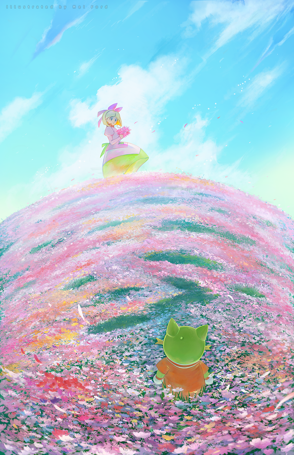 mei ford, dora-rinho, doraemon, the doraemons, character request, highres, 1girl, blue sky, bouquet, bow, cloud, day, dress, field, flower, flower field, holding, holding bouquet, juliet sleeves, long sleeves, looking at another, outdoors, pink bow, pink dress, pink flower, puffy sleeves, sky, solo, wide shot