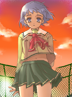 tsukishima ruriko, shizuku (game), lowres, blue hair, oekaki, rooftop, school uniform, short hair, solo, sunset