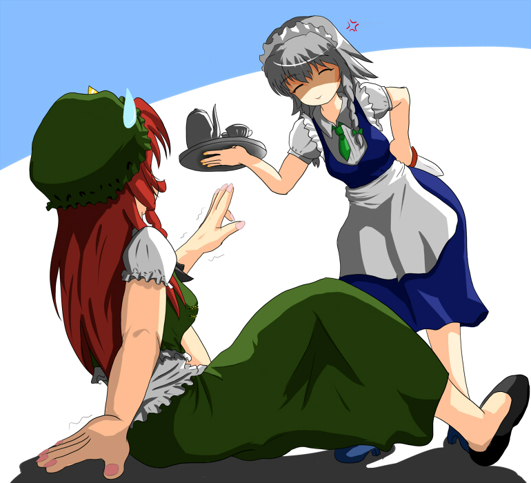 samurai (kasizuki), samurai (pixiv), hong meiling, izayoi sakuya, touhou, silver hair, commentary, 2girls, bad anatomy, braid, china dress, chinese clothes, closed eyes, cup, dress, female focus, hat, knife, long hair, maid, multiple girls, poorly drawn, red hair, ribbon, short hair, teapot, throwing knife, tray, trembling, weapon