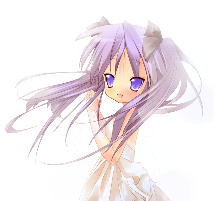 ouki, hiiragi kagami, lucky star, bad id, bad pixiv id, 00s, 1girl, blue eyes, bridal gauntlets, bride, dress, female focus, frills, hair ribbon, lace, long hair, open mouth, purple eyes, purple hair, ribbon, simple background, smile, solo, tsurime, twintails, wedding dress, wind