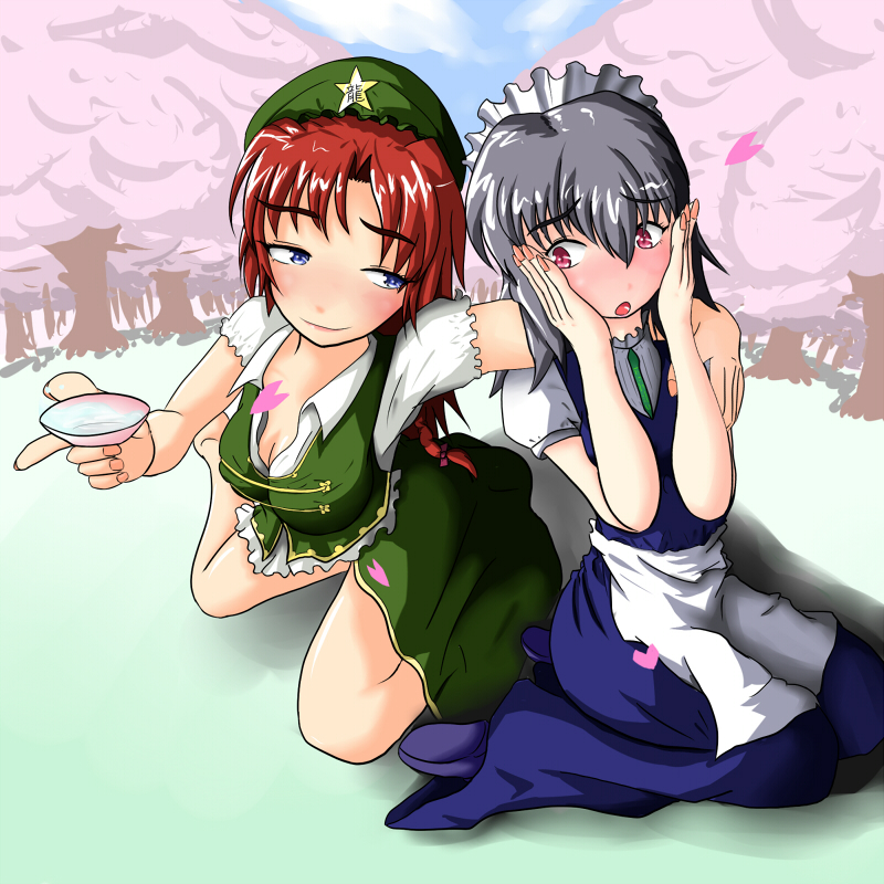 samurai (kasizuki), samurai (pixiv), hong meiling, izayoi sakuya, embodiment of scarlet devil, touhou, silver hair, 2girls, alcohol, bad anatomy, blue eyes, blush, braid, breasts, cherry blossoms, china dress, chinese clothes, cleavage, cup, dress, drunk, female focus, hat, large breasts, maid, multiple girls, outdoors, poorly drawn, red eyes, red hair, sakazuki, sake, short hair