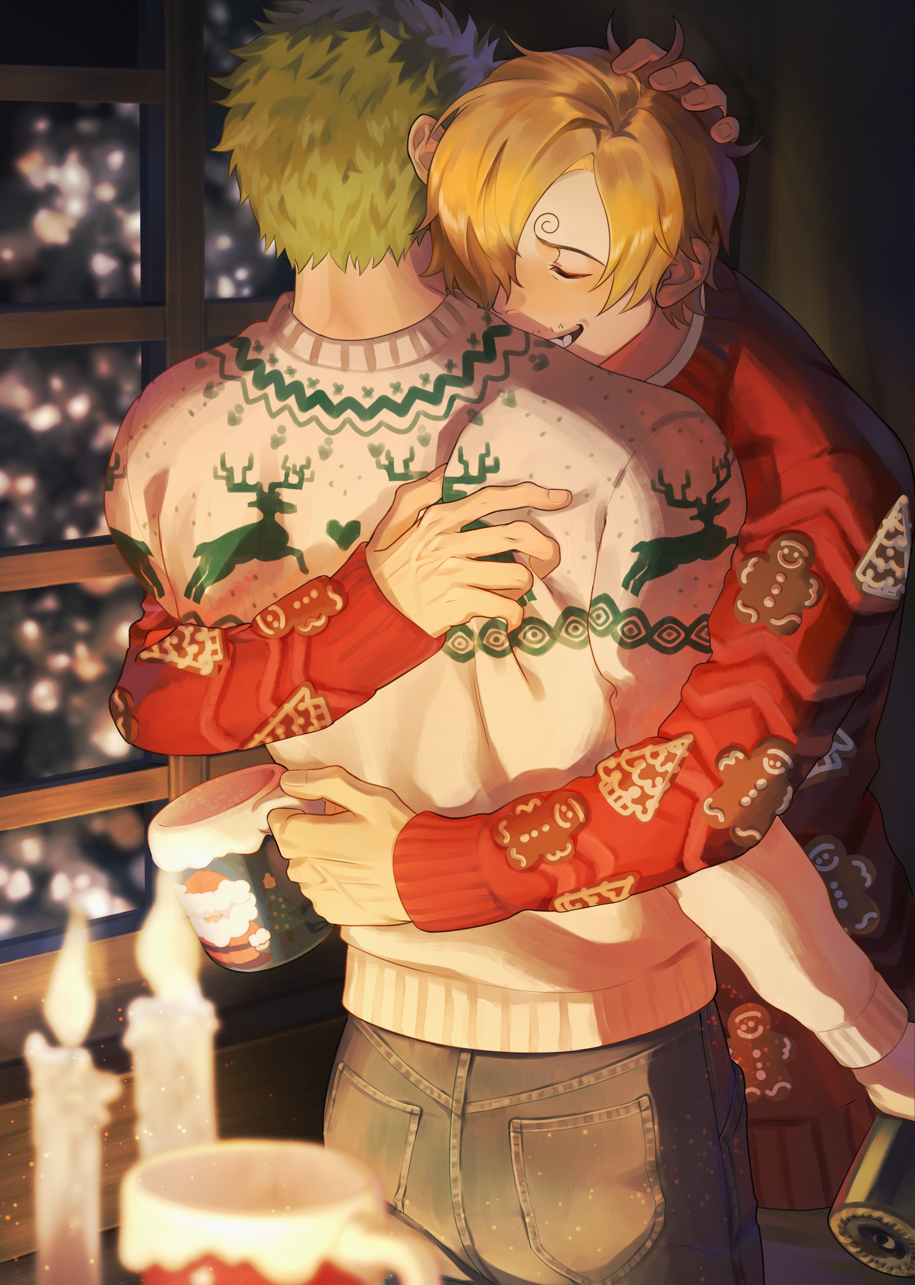 poipoisky72, roronoa zoro, sanji (one piece), one piece, absurdres, commentary request, highres, 2boys, blonde hair, candle, christmas sweater, closed eyes, cowboy shot, cup, facial hair, green hair, grey pants, grin, hair over one eye, hand on another's head, holding, holding cup, hug, long sleeves, male focus, multiple boys, mustache stubble, pants, red sweater, short hair, smile, stubble, sweater, white sweater, window, winter, yaoi