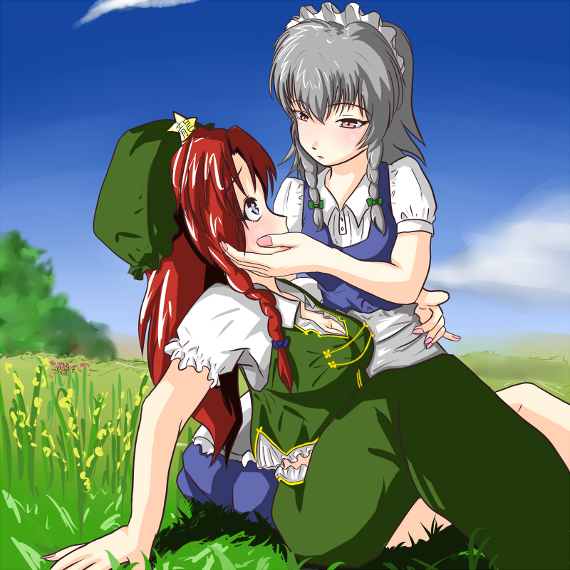 samurai (kasizuki), samurai (pixiv), hong meiling, izayoi sakuya, embodiment of scarlet devil, touhou, silver hair, 2girls, bad anatomy, blue eyes, blush, braid, breasts, china dress, chinese clothes, day, dress, female focus, hat, large breasts, maid, multiple girls, outdoors, poorly drawn, red eyes, red hair, ribbon, short hair, twin braids