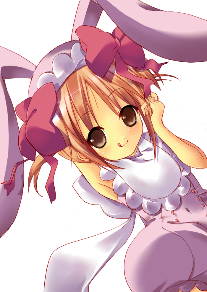 ouki, dear baby, yuiki yaya, shugo chara!, bad id, bad pixiv id, animal ears, armpits, bib, bow, brown eyes, brown hair, rabbit ears, short hair, short twintails, solo, tongue, twintails