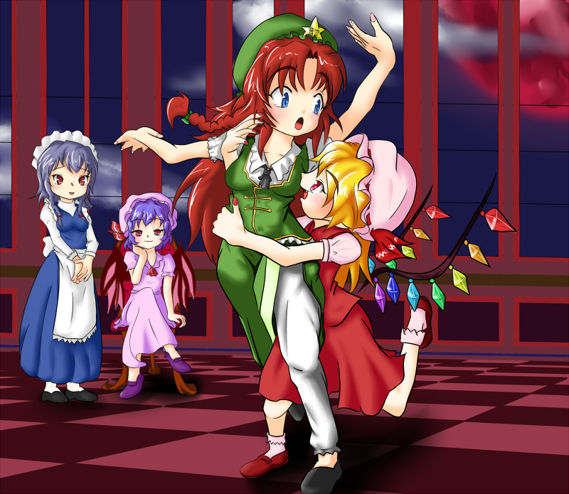 samurai (kasizuki), samurai (pixiv), flandre scarlet, hong meiling, izayoi sakuya, remilia scarlet, embodiment of scarlet devil, touhou, silver hair, 4girls, bad anatomy, blonde hair, blue eyes, blue hair, blush, braid, china dress, chinese clothes, dress, female focus, hat, hug, indoors, long hair, maid, moon, multiple girls, poorly drawn, red eyes, red hair, ribbon, short hair, twin braids, wings