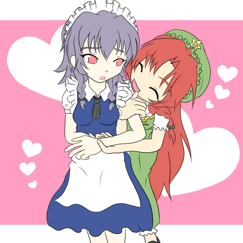 samurai (kasizuki), samurai (pixiv), hong meiling, izayoi sakuya, embodiment of scarlet devil, touhou, silver hair, 2girls, ^ ^, bad anatomy, braid, china dress, chinese clothes, closed eyes, dress, female focus, hat, heart, maid, multiple girls, poorly drawn, red eyes, red hair, ribbon, twin braids