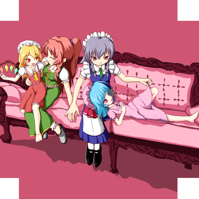 samurai (kasizuki), samurai (pixiv), flandre scarlet, hong meiling, izayoi sakuya, remilia scarlet, embodiment of scarlet devil, touhou, silver hair, 4girls, alternate hairstyle, bad anatomy, barefoot, blonde hair, blue hair, braid, china dress, chinese clothes, couch, dress, female focus, hat, holding hands, lap pillow, maid, multiple girls, ponytail, poorly drawn, red eyes, red hair, ribbon, sitting, sitting on lap, sitting on person, twin braids, wings