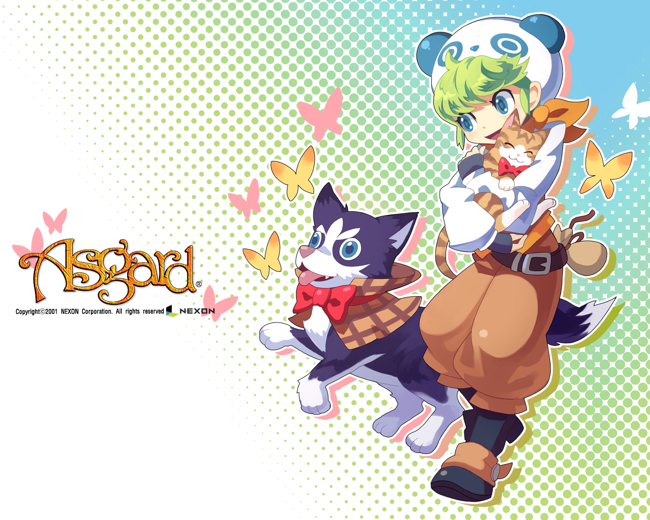 bf. (sogogiching), asgard, nexon, character request, official art, official wallpaper, second-party source, 2001, animal, animal ears, ankle boots, aqua background, aqua eyes, aqua pupils, bag, baggy pants, bandana, bandana around neck, belt, belt buckle, black boots, black fur, black tail, boots, bow, bowtie, brown bag, brown belt, brown pants, buckle, bug, butterfly, cat, closed eyes, copyright name, copyright notice, dated, drawstring, drawstring bag, drop shadow, fake animal ears, full body, gradient background, green background, green hair, halftone, halftone background, hat, holding, holding animal, holding cat, insect, logo, long sleeves, looking at viewer, loose belt, open mouth, orange bandana, orange fur, orange vest, outline, panda ears, panda hat, pants, red bow, red bowtie, tongue, two-tone fur, vest, waistcoat, white background, white fur, white hat, white outline, white sleeves, white tail, yellow butterfly