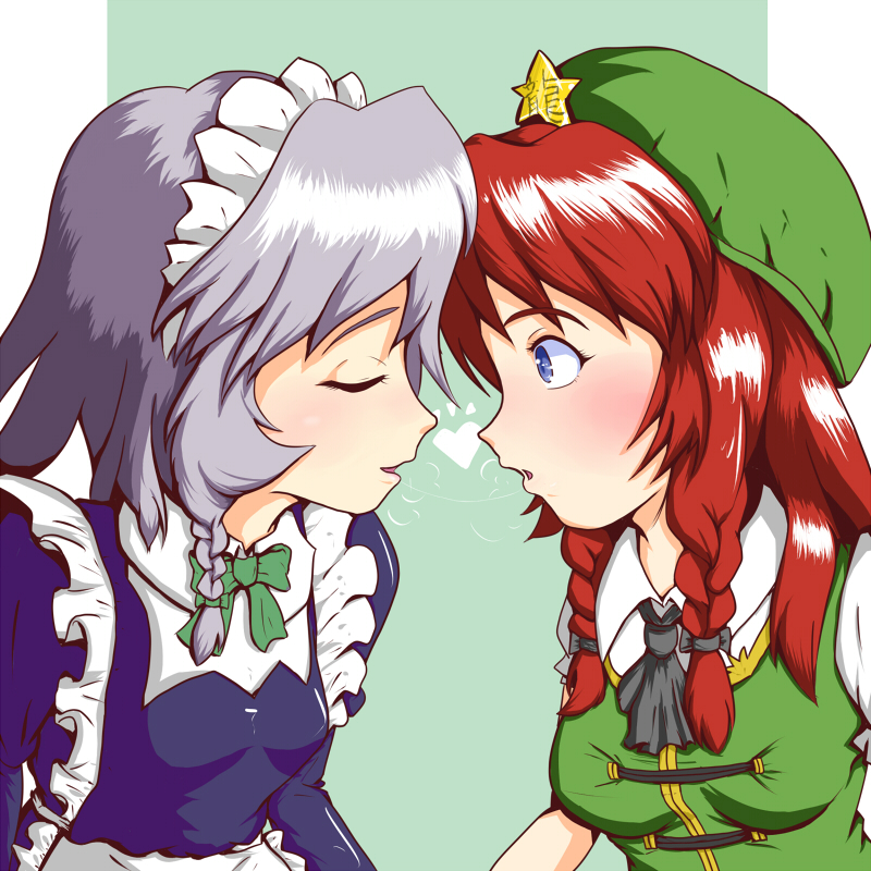 samurai (kasizuki), samurai (pixiv), hong meiling, izayoi sakuya, embodiment of scarlet devil, touhou, silver hair, 2girls, blue eyes, blush, braid, breath, china dress, chinese clothes, dress, female focus, heart, kiss, maid, multiple girls, red hair, ribbon, saliva, saliva trail, twin braids, yuri