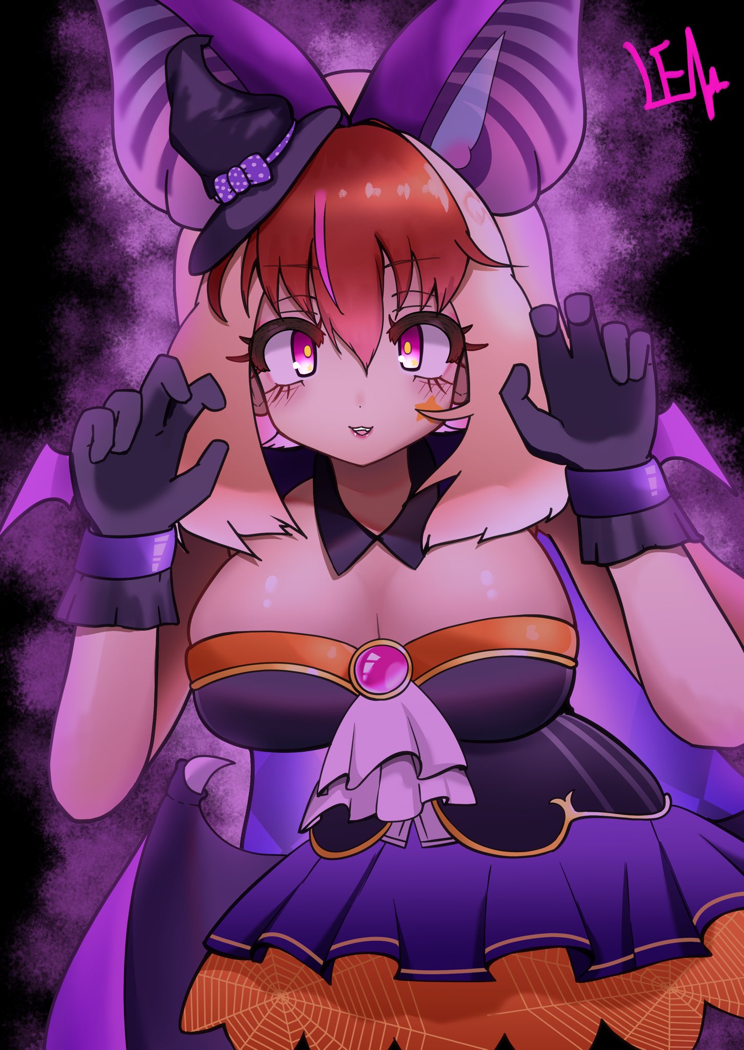 noren kf1, brown long-eared bat (kemono friends), kemono friends, kemono friends v project, highres, 1girl, animal ears, bat ears, bat girl, bat wings, breasts, brown eyes, brown hair, cleavage, dress, extra ears, gloves, grey hair, halloween, halloween costume, hat, large breasts, long hair, looking at viewer, multicolored hair, purple background, ribbon, simple background, skirt, solo, streaked hair, virtual youtuber, wings