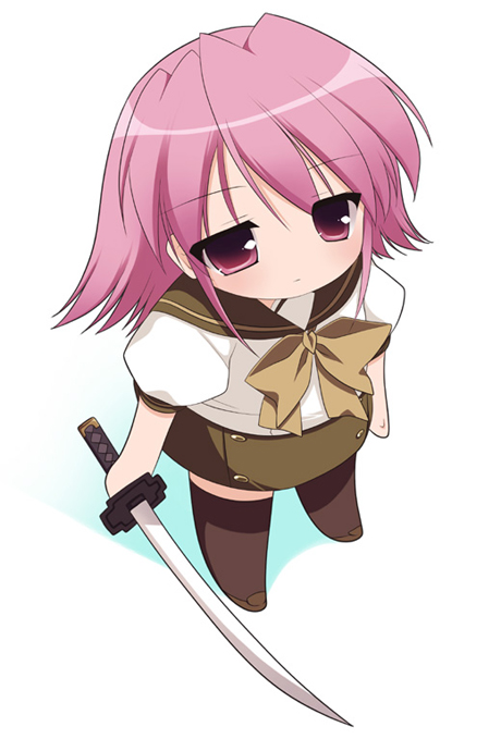 sumii, shana, wilhelmina carmel, shakugan no shana, bad id, bad pixiv id, bow, chibi, cosplay, pink eyes, pink hair, school uniform, shana (cosplay), short hair, skirt, solo, sword, thighhighs, weapon