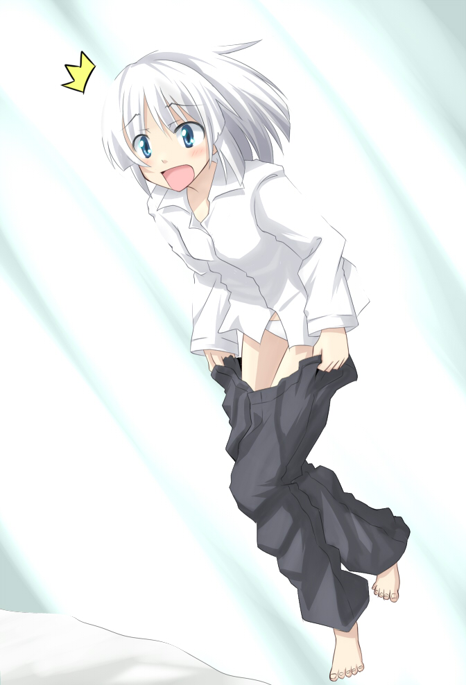 batsu, konpaku youmu, touhou, silver hair, 1girl, barefoot, blue eyes, dressing, female focus, full body, gradient background, open mouth, panties, pants, shirt, short hair, solo, underwear, white background