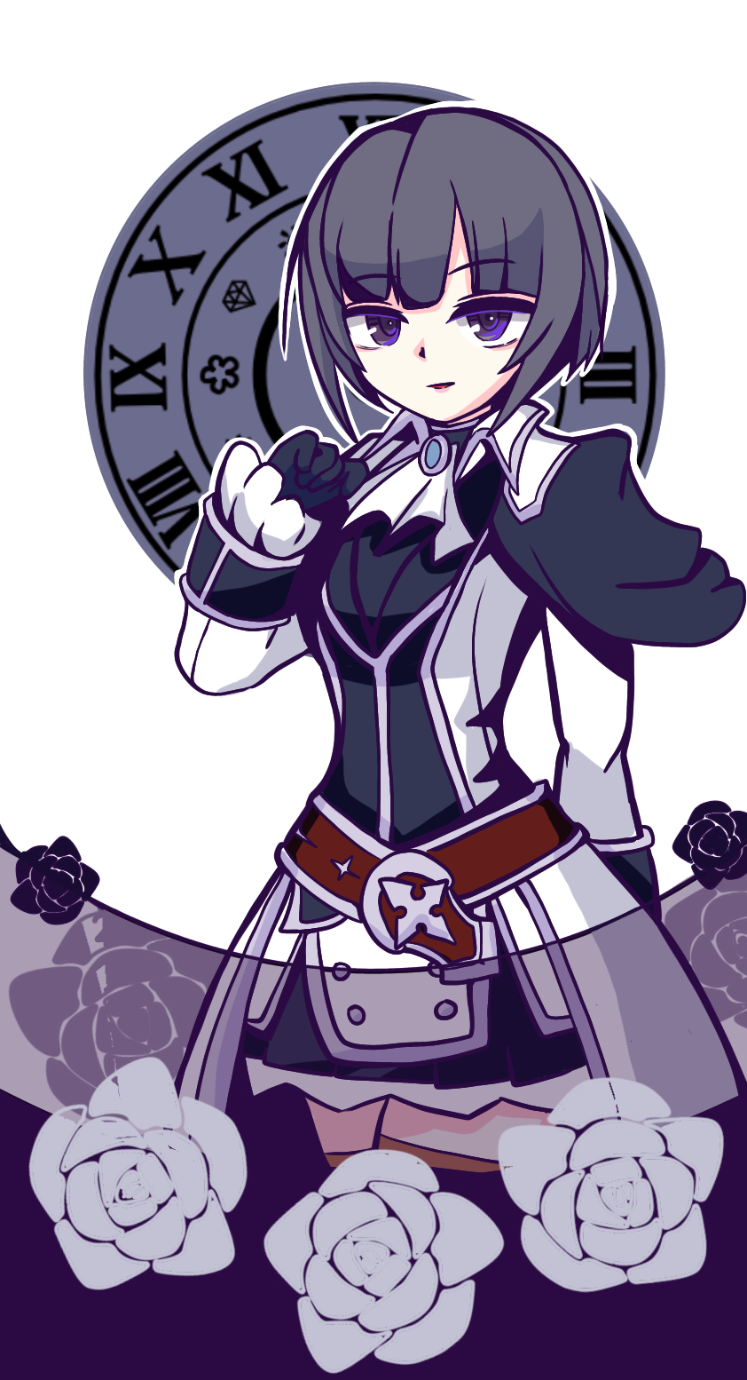 kawamochi (kawauti919), shirayuki chiyo, idolmaster, idolmaster cinderella girls, idolmaster cinderella girls starlight stage, commentary request, highres, 1girl, belt, belt buckle, black dress, black flower, black gloves, black hair, black rose, black thighhighs, brown belt, buckle, clock, dress, flower, gloves, hand up, jacket, long sleeves, parted lips, purple eyes, roman numeral, rose, simple background, sleeves past wrists, solo, thighhighs, white background, white flower, white jacket, white rose