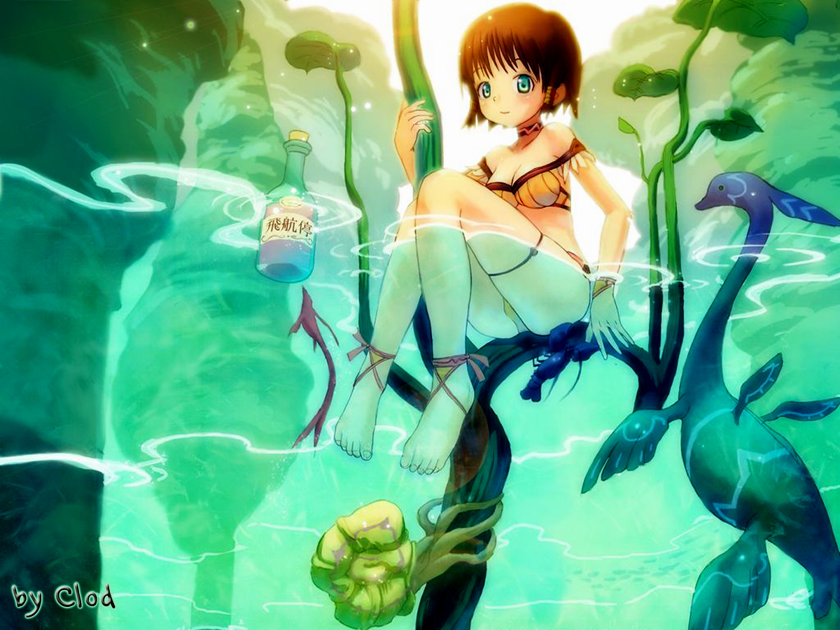 tougetsu gou, derivative work, third-party edit, 1girl, barefoot, blue eyes, bottle, breasts, brown hair, cleavage, feet, female focus, nature, plant, short hair, solo, water, watermark