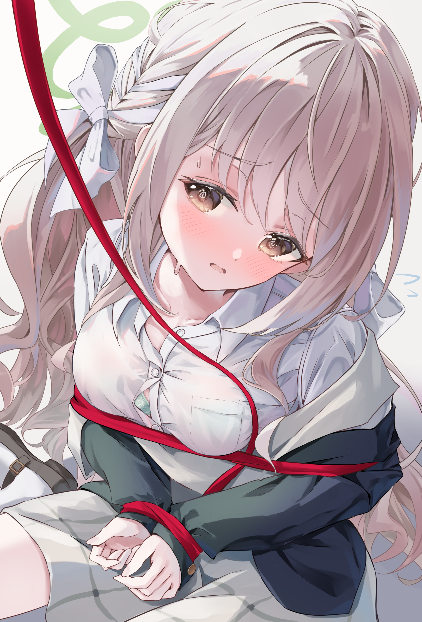 re inverse, miyo (blue archive), blue archive, hazel eyes, highres, @ @, bound, bound wrists, bow, braid, choppy bangs, flower halo, green halo, grey skirt, hair ribbon, halo, long hair, looking at viewer, open mouth, red ribbon, restrained, ribbon, ribbon braid, shirt, skirt, sweat, white bow, white shirt