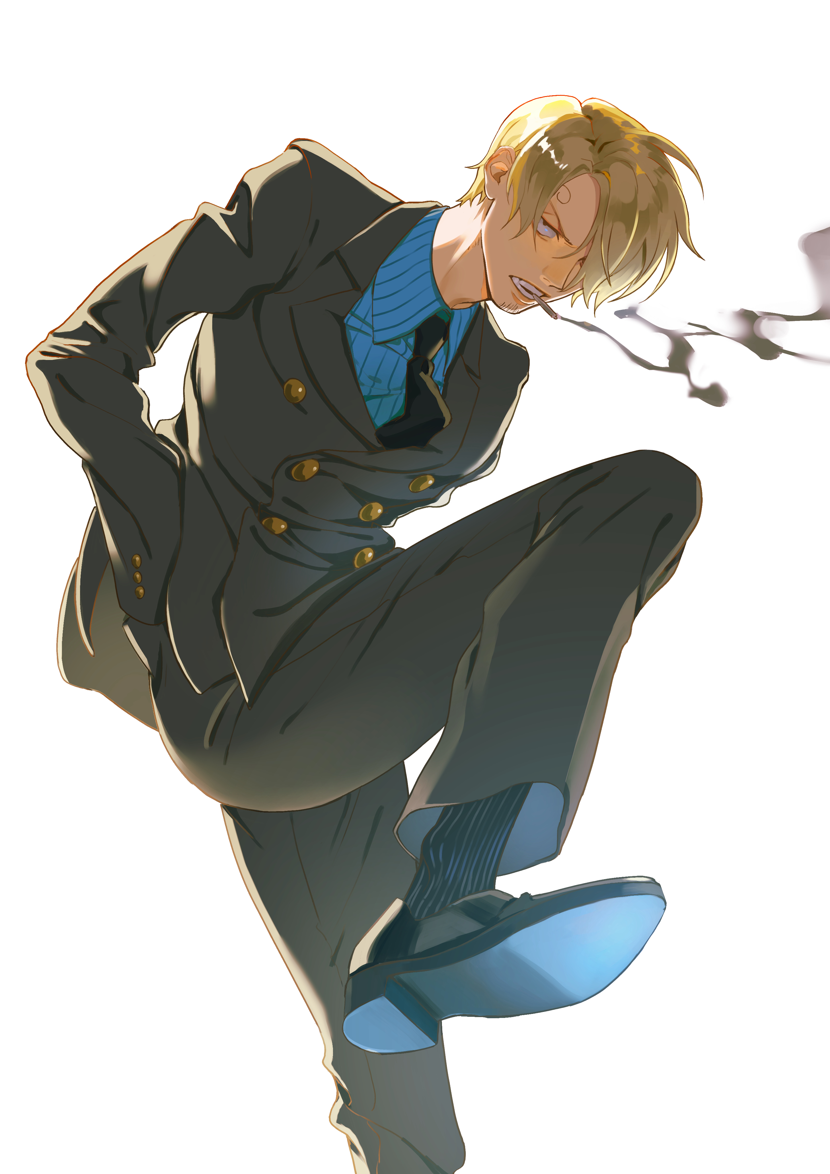 poipoisky72, sanji (one piece), one piece, absurdres, commentary request, highres, 1boy, black necktie, black shoes, blonde hair, cigarette, collared shirt, curly eyebrows, facial hair, foot out of frame, goatee stubble, hair over one eye, hand in pocket, jacket, long sleeves, looking at viewer, male focus, mouth hold, necktie, pants, shirt, shoes, short hair, simple background, smoking, socks, solo, striped clothes, striped socks, stubble, teeth hold, white background