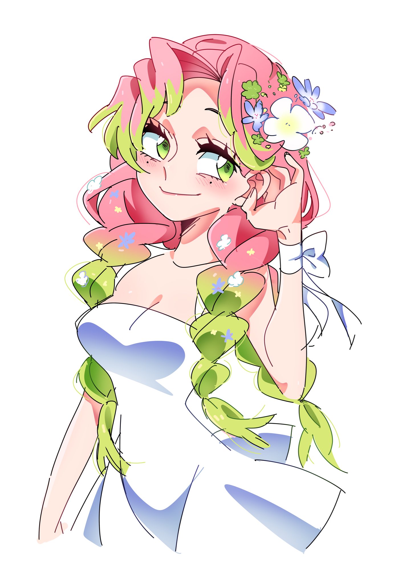 soyeonp19, kanroji mitsuri, kimetsu no yaiba, highres, 1girl, blue flower, braid, breasts, cleavage, closed mouth, clover, dress, flower, gradient hair, green eyes, green hair, hair flower, hair ornament, hand in own hair, medium breasts, mole, mole under eye, multicolored hair, multiple braids, parted bangs, pink hair, ribbon, smile, solo, upper body, white background, white dress, white flower, wrist ribbon