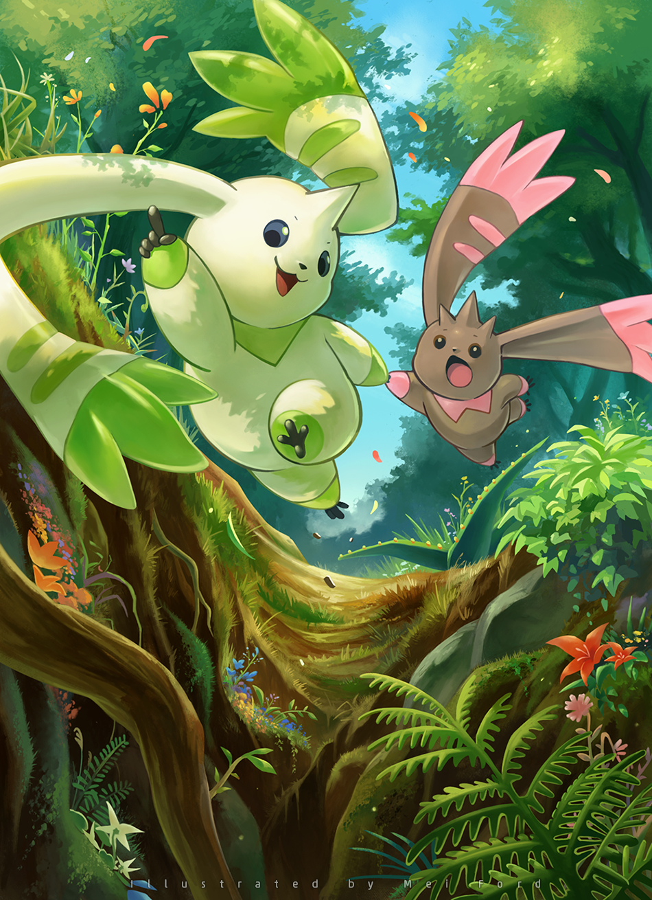 mei ford, lopmon, terriermon, digimon, highres, blue eyes, blue sky, bright pupils, day, digimon (creature), flower, forest, nature, no humans, open mouth, outdoors, pointing, pointing forward, red flower, running, sky, tree, white pupils