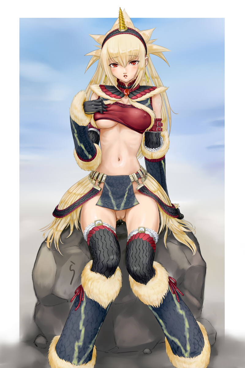 rasukaru, capcom, monster hunter (series), monster hunter frontier, highres, 1girl, alternate color, bandeau, blonde hair, breasts, covered erect nipples, female focus, gloves, horns, jewelry, kirin (armor), medium breasts, navel, nipples, no panties, pussy, pussy juice, red eyes, rock, single horn, solo, strapless, thighhighs, tube top, uncensored, underboob