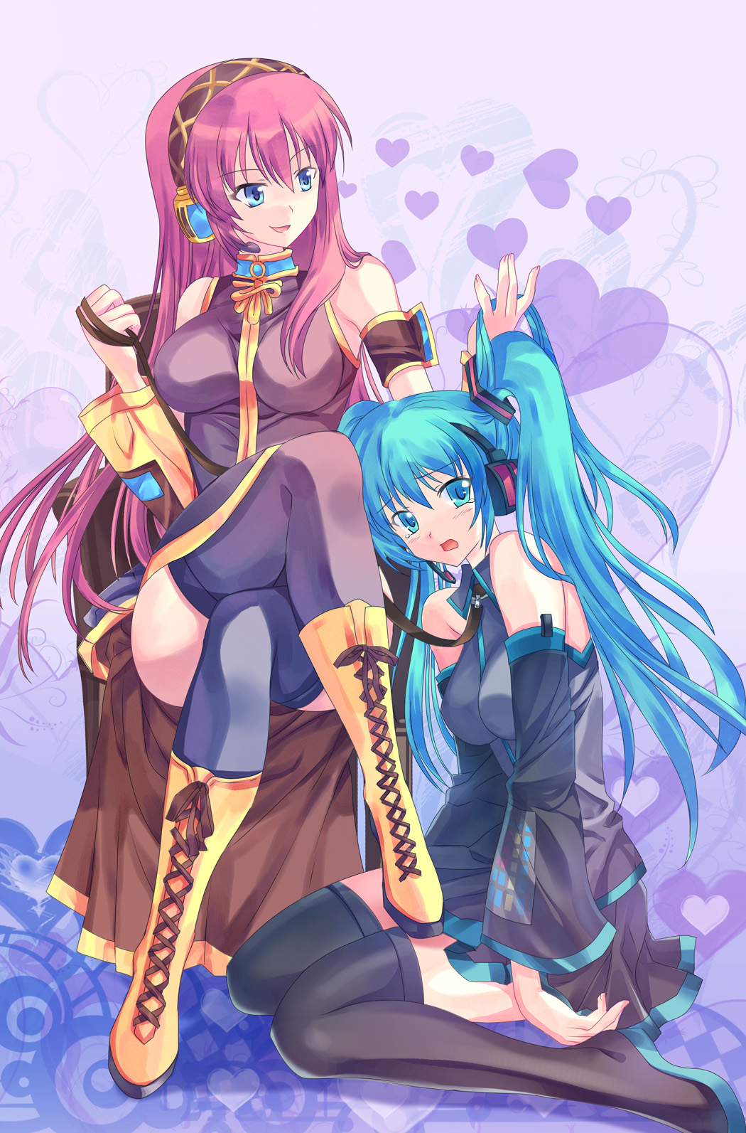 pico (picollector79), hatsune miku, megurine luka, vocaloid, bad id, bad pixiv id, highres, 2girls, aqua hair, boots, crossed legs, detached sleeves, headset, knee boots, leash, long hair, multiple girls, sitting, skirt, tears, thighhighs, twintails, very long hair
