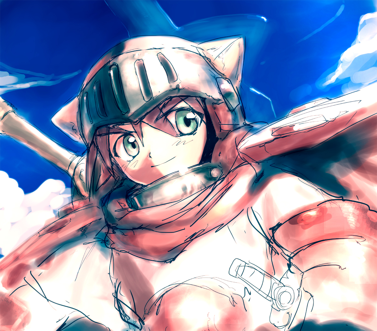 rondo bell, adeu warsam, haou taikei ryuu knight, bad id, bad pixiv id, 1990s (style), armor, brown hair, cape, cloud, day, green eyes, helmet, retro artstyle, sky, solo, sword, weapon