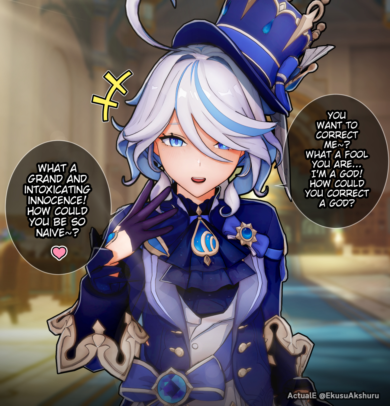 actualekusu, furina (genshin impact), genshin impact, the elder scrolls, the elder scrolls iii: morrowind, commentary, english commentary, highres, 1girl, 3d, ahoge, ascot, asymmetrical gloves, black ascot, black gloves, blue ascot, blue eyes, blue gemstone, blue hair, blue hat, blue jacket, cowlick, drop-shaped pupils, eyelash ornament, gem, gloves, hat, heterochromia, hydro symbol (genshin impact), jacket, long hair, looking at viewer, mismatched gloves, mismatched pupils, multicolored hair, open mouth, ouji fashion, smile, solo, source quote, splendor of tranquil waters (genshin impact), streaked hair, symbol-shaped pupils, top hat, white hair
