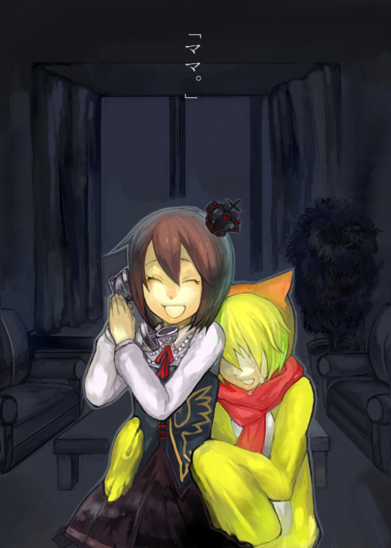 tcb, sakutarou (umineko), ushiromiya maria, umineko no naku koro ni, bad id, bad pixiv id, 00s, 1boy, 1girl, androgynous, animal ears, corded phone, crown, dress, hetero, hug, hug from behind, phone, sad, scarf, short hair, smile, tail, tears