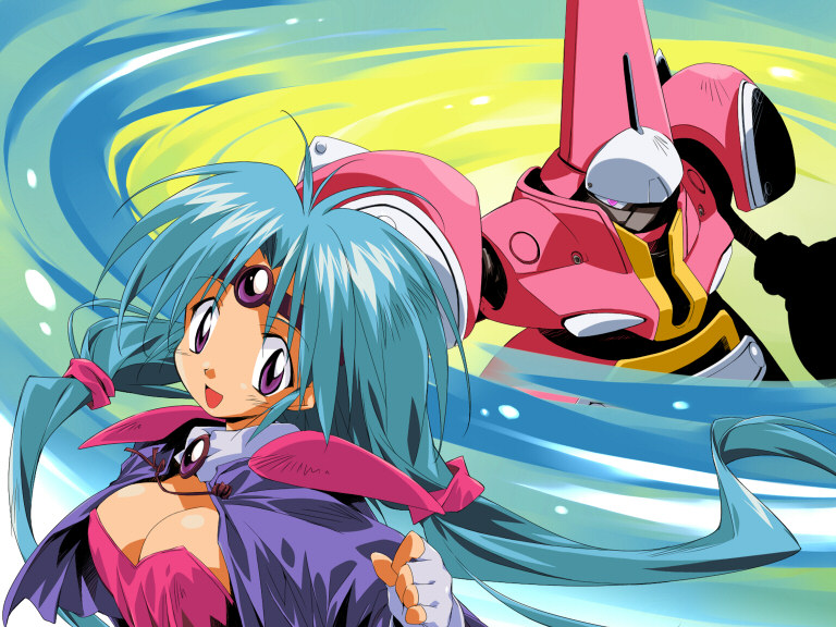 asoka, magidora, paffy pafuricia, haou taikei ryuu knight, 1990s (style), 1girl, aqua hair, breasts, brooch, cape, circlet, cleavage, headband, jewelry, long hair, mecha, purple eyes, retro artstyle, robot, smile, tiara