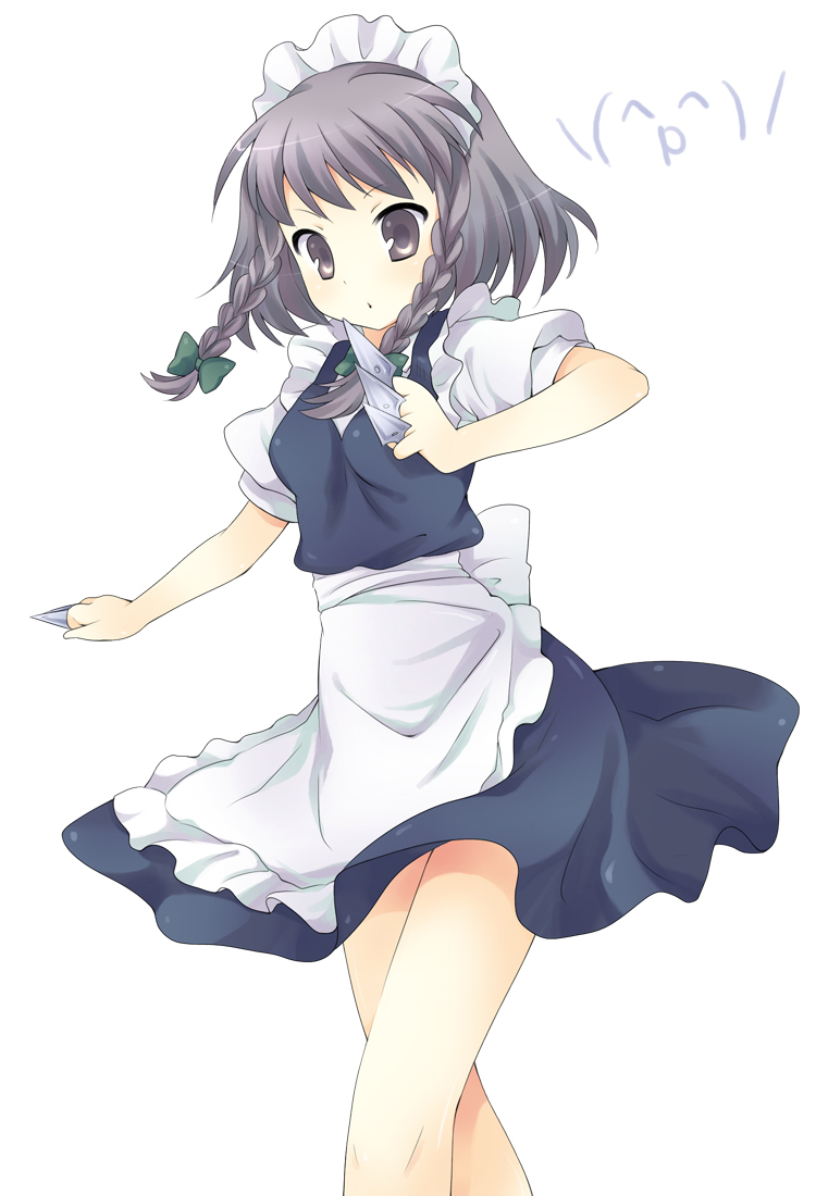 maki (natoriumu), maki (pixiv), izayoi sakuya, touhou, bad id, bad pixiv id, 1girl, :o, apron, between fingers, bow, braid, female focus, grey eyes, grey hair, hair bow, holding, knife, kunai, legs, maid, maid apron, maid headdress, short hair, simple background, solo, thighs, throwing knife, twin braids, waist apron, weapon