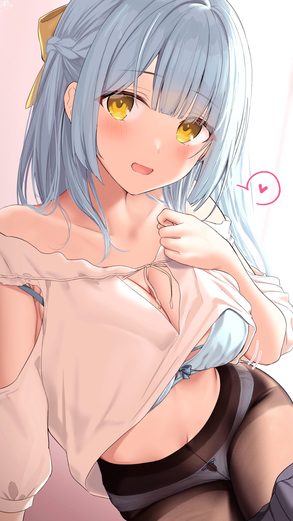 ramchi, blue hair-chan (ramchi), original, highres, 1girl, black thighhighs, blue bra, blue hair, bow, bow bra, bra, braid, breasts, cleavage, clothes lift, collarbone, hair bow, half up braid, half updo, large breasts, light blush, long hair, looking at viewer, midriff, navel, panties, parted lips, solo, swept bangs, thighhighs, underwear, yellow eyes