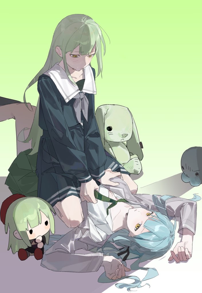 tomagoooo, mortis (bang dream!), mortis (costume) (bang dream!), togawa sakiko, wakaba mutsumi, wakaba mutsumi (doll), bang dream!, bang dream! it's mygo!!!!!, hashtag-only commentary, 2girls, black ribbon, black shirt, black skirt, blazer, blue hair, gradient background, green background, green hair, green necktie, green skirt, grey jacket, grey neckerchief, hair ribbon, haneoka school uniform, jacket, long hair, multiple girls, neckerchief, necktie, pleated skirt, ribbon, sailor collar, school uniform, shirt, skirt, straddling, stuffed animal, stuffed octopus, stuffed rabbit, stuffed toy, tsukinomori school uniform, white background, white sailor collar, white shirt, yellow eyes, yuri