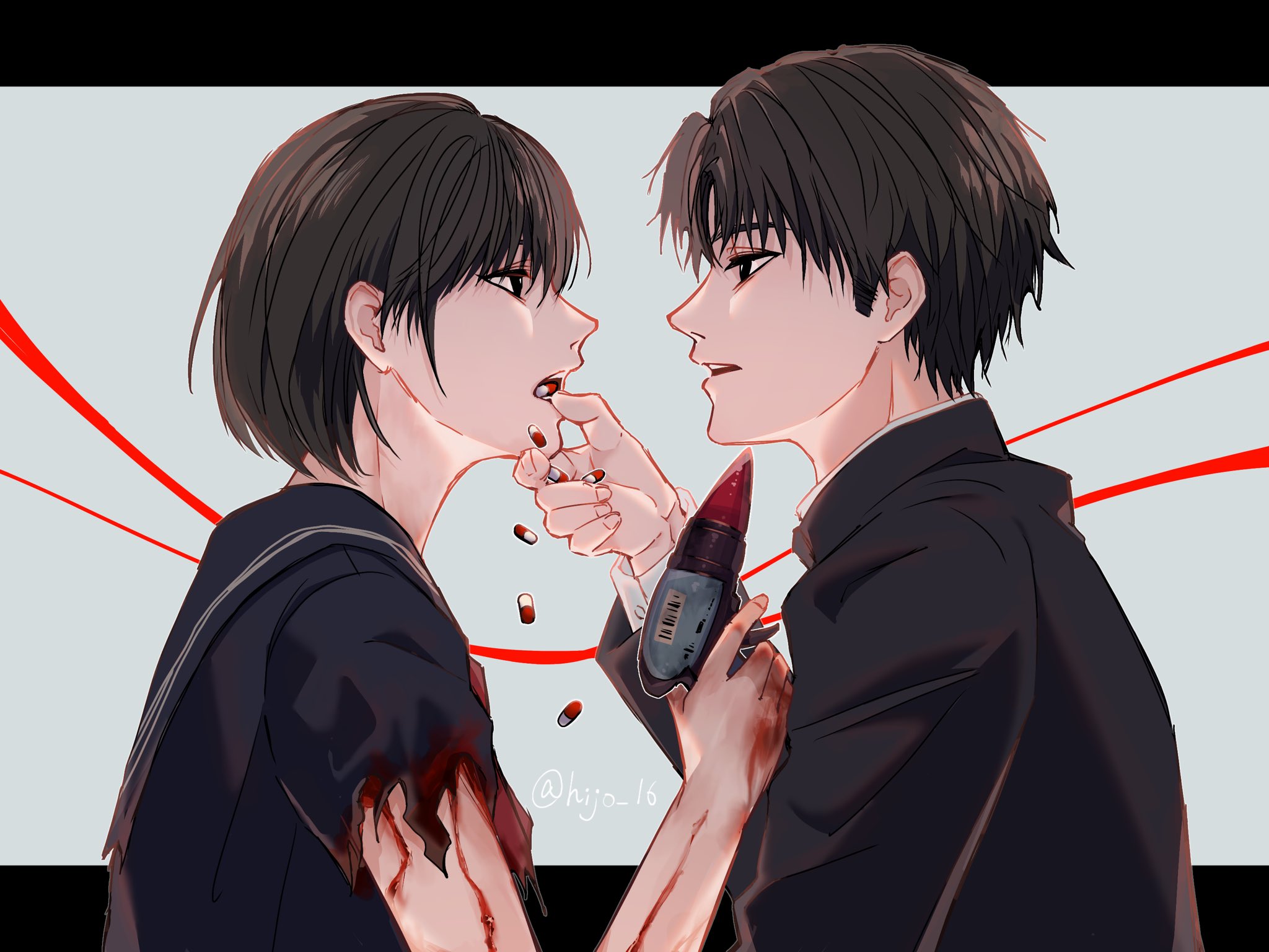 iwai shu, shimizu hinako, silent hill (series), silent hill f, highres, 1boy, 1girl, black border, black hair, black jacket, black sailor collar, black serafuku, blood, blood on arm, border, gakuran, hijo 16, holding power drill, jacket, looking at another, open mouth, parted bangs, pill, sailor collar, school uniform, serafuku, short hair, torn clothes, torn sleeves