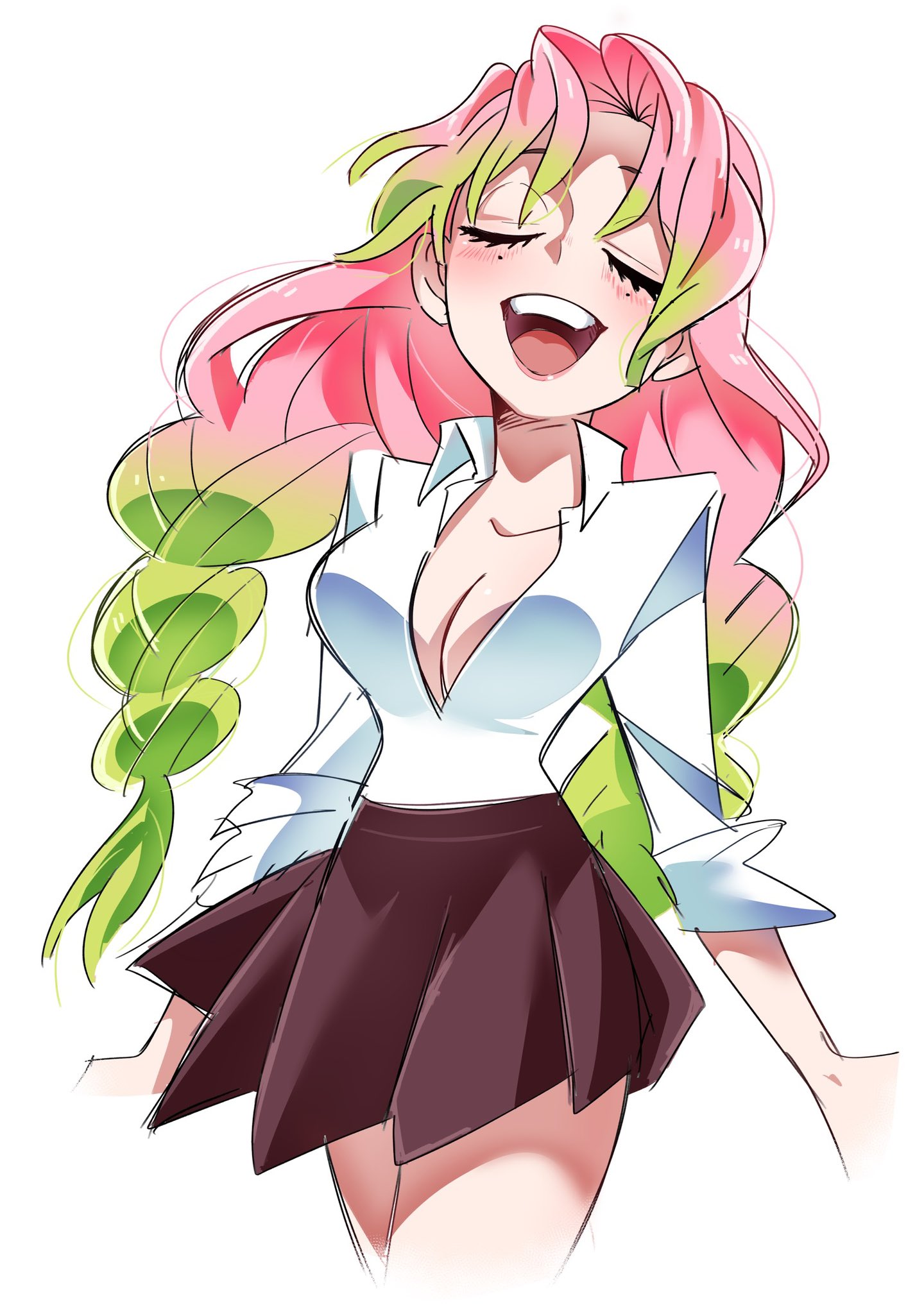 soyeonp19, kanroji mitsuri, kimetsu no yaiba, highres, 1girl, black skirt, braid, breasts, cleavage, closed eyes, collared shirt, cowboy shot, gradient background, green hair, medium breasts, mole, mole under each eye, mole under eye, multiple moles, music, open mouth, parted bangs, pink hair, pleated skirt, shirt, side braids, singing, skirt, sleeves rolled up, smile, solo, white background, white shirt