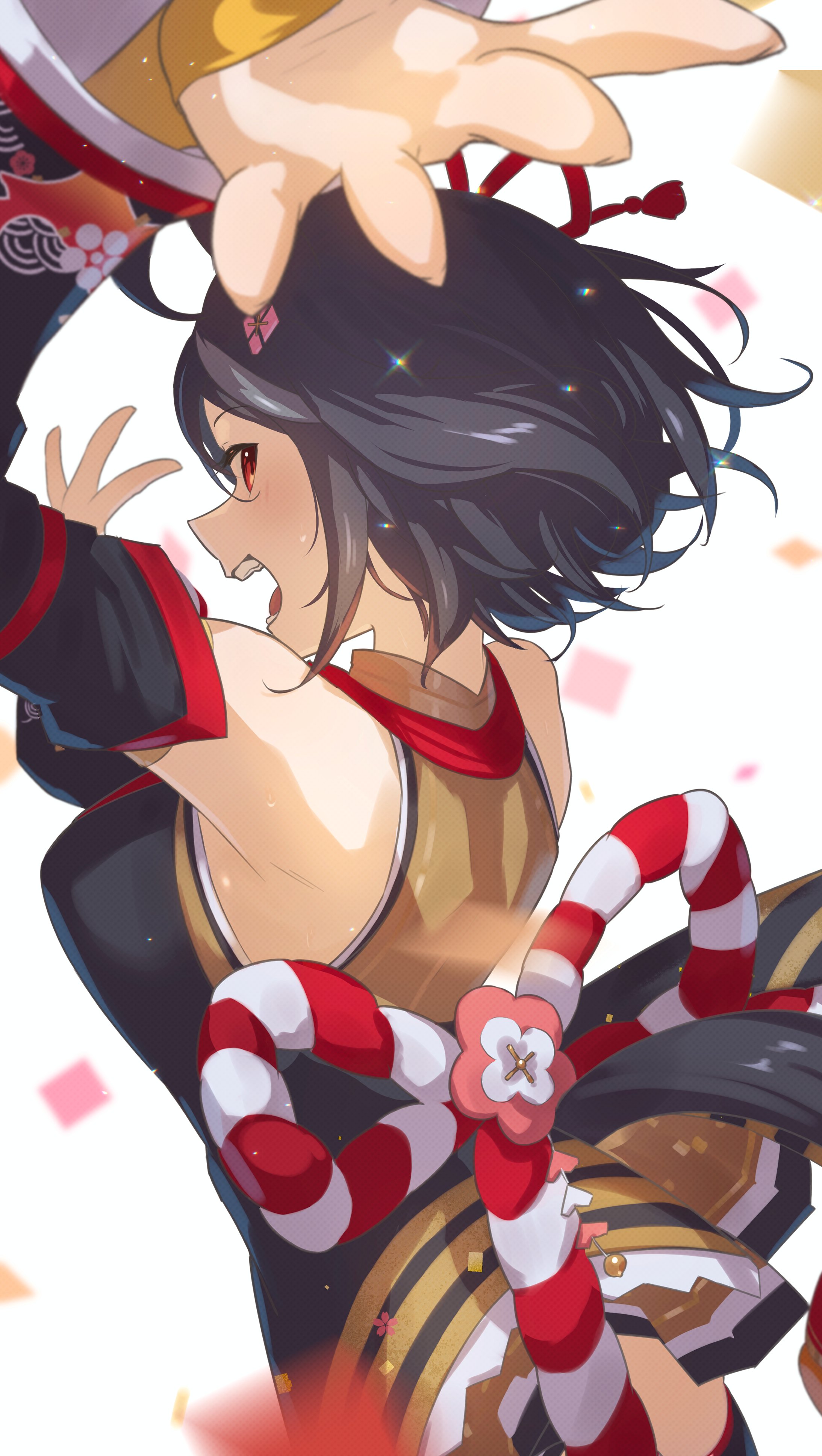 yakousei a, kitasan black (crowning ooban) (umamusume), kitasan black (umamusume), umamusume, absurdres, highres, 1girl, ahoge, animal ears, armpits, black hair, blush, bow, breasts, chanchanko (clothes), ear ornament, ear ribbon, flower ornament, from behind, hair between eyes, hair ornament, horse ears, horse girl, horse tail, kouhaku nawa, looking at viewer, looking back, multicolored hair, open mouth, red eyes, rope, shimenawa, short hair, sideboob, smile, solo, streaked hair, tail, white hair