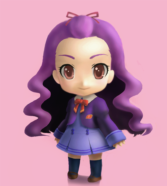 toro (pixiv264870), milk (yes! precure 5), mimino kurumi, nendoroid, precure, yes! precure 5, yes! precure 5 gogo!, bad id, bad pixiv id, 1girl, chibi, female focus, hair ribbon, long hair, nendoroid (parody), parody, purple eyes, purple hair, purple skirt, ribbon, school uniform, simple background, skirt, solo