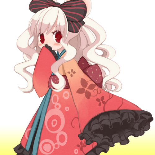 emdo (norabbit), nezubi, original, lowres, 1girl, blush, covering own mouth, female focus, frills, hair ribbon, hand over mouth, hand over own mouth, japanese clothes, kimono, long hair, long sleeves, red eyes, ribbon, sleeves past wrists, smile, solo, white hair