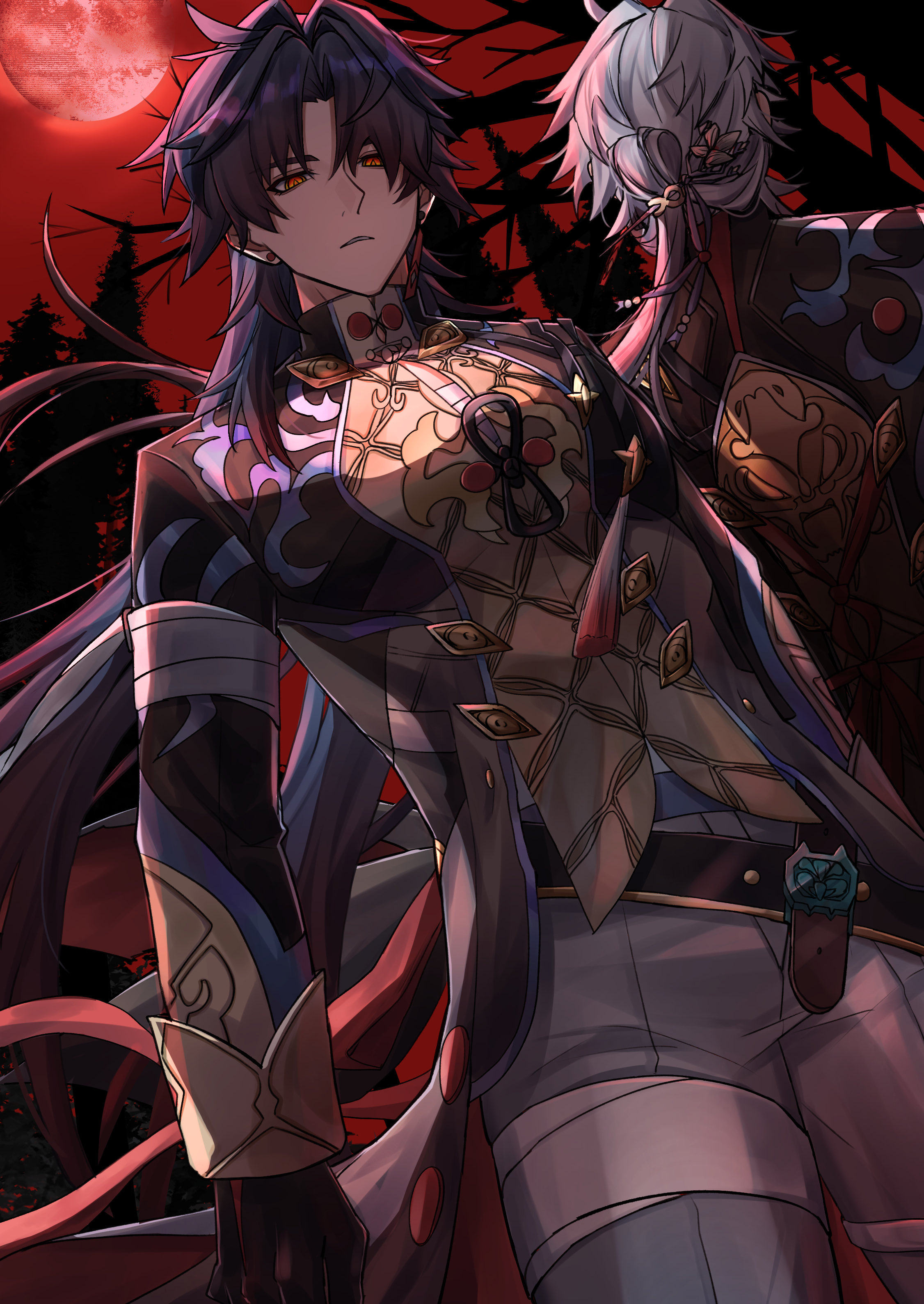 monyo ex, blade (honkai: star rail), yingxing (honkai: star rail), honkai: star rail, honkai (series), absurdres, highres, 2boys, bandaged arm, bandaged leg, bandages, bandages over clothes, chinese clothes, closed mouth, dual persona, earrings, from below, jewelry, long hair, looking at viewer, male focus, moon, multiple boys, parted lips, red eyes, red moon, red sky, sky, solo focus