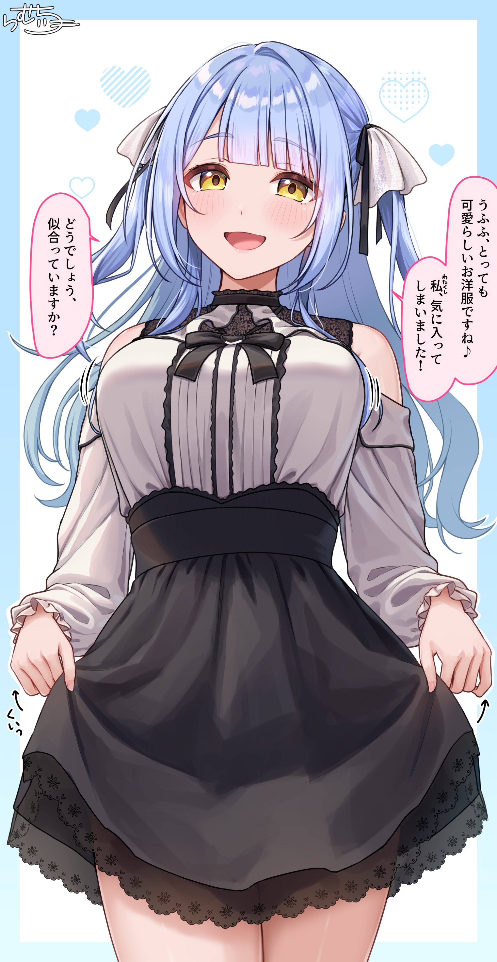 ramchi, blue hair-chan (ramchi), original, absurdres, highres, 1girl, black bow, black skirt, blue hair, blush, bow, breasts, clothing cutout, cross-laced clothes, jirai kei, lace, lace-trimmed skirt, lace-trimmed sleeves, lace trim, large breasts, light blush, long hair, looking at viewer, low twintails, shoulder cutout, skirt, skirt hold, smile, solo, swept bangs, twintails, yellow eyes