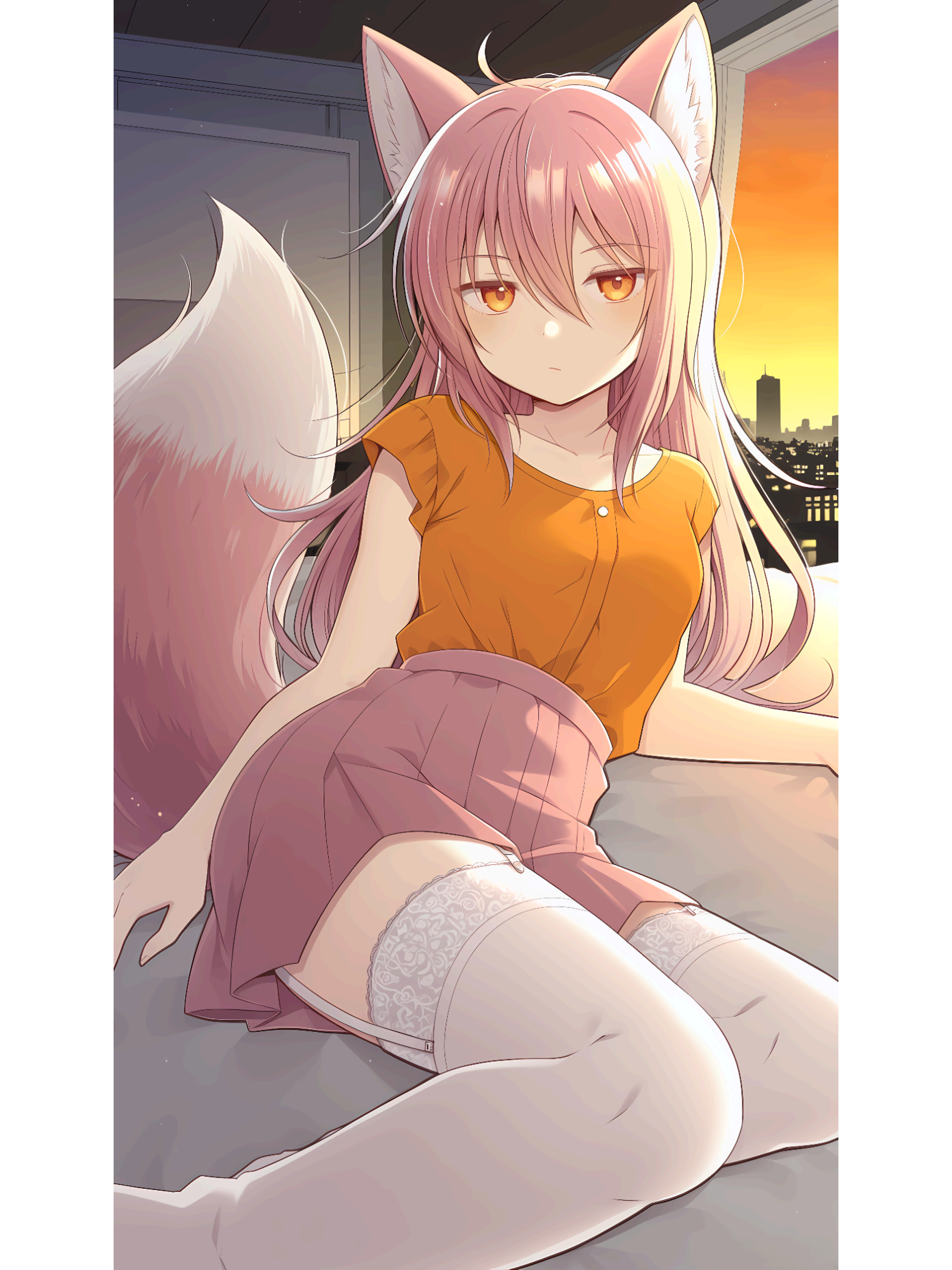 absurdres, highres, non-web source, 1girl, bored, breasts, city, evening, fox girl, garter straps, long hair, looking at viewer, lying, orange eyes, orange shirt, pink fur, pink hair, shirt, skirt, small breasts, solo, thighhighs, white thighhighs