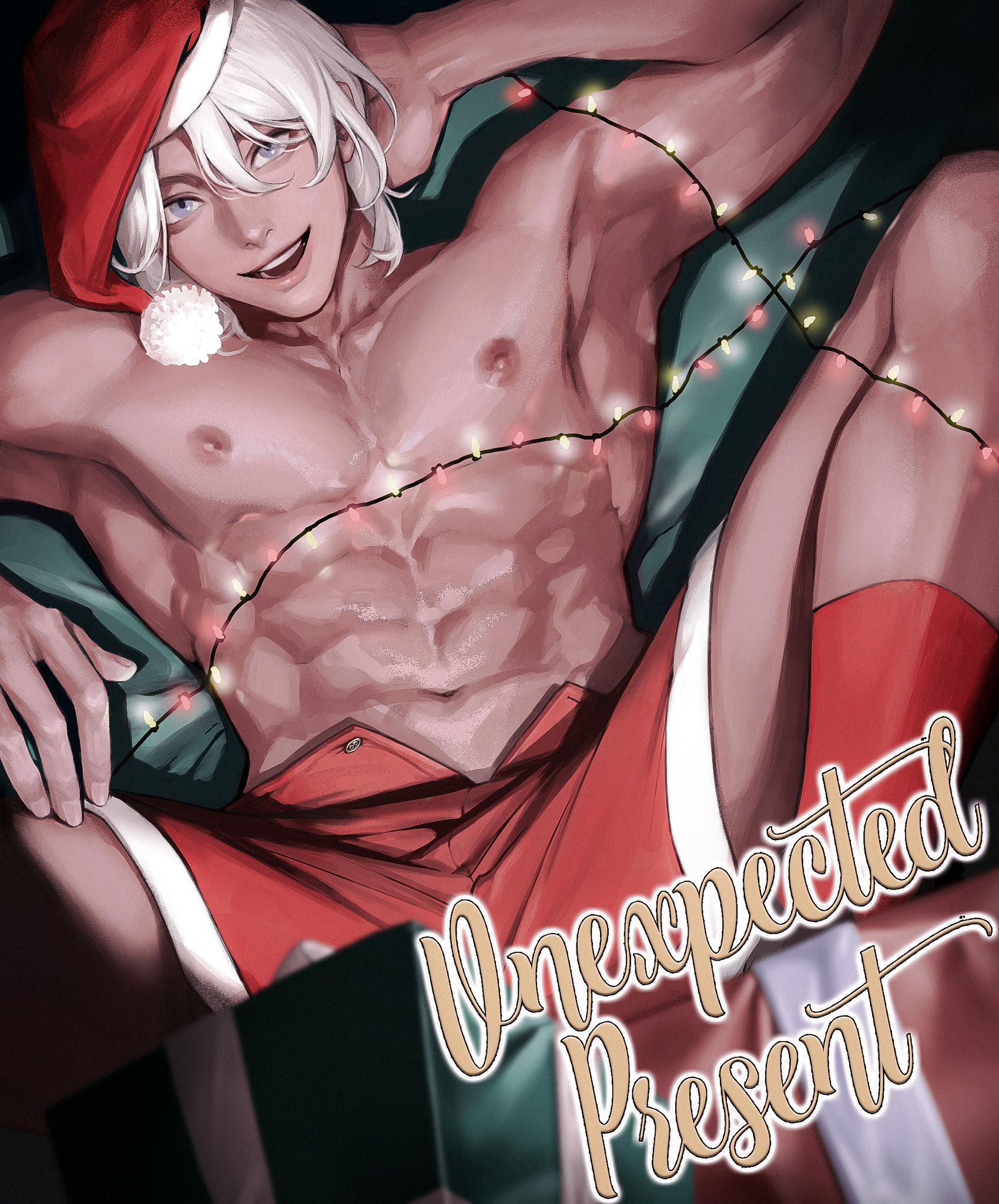 sig of, original, highres, 1boy, abs, armpits, blue eyes, christmas lights, collarbone, dark-skinned male, dark skin, english text, hat, looking at viewer, male focus, navel, nipples, open mouth, pectorals, red socks, santa costume, santa hat, smile, socks, solo, spread legs, teeth, toned, toned male, topless male, upper teeth only, white hair