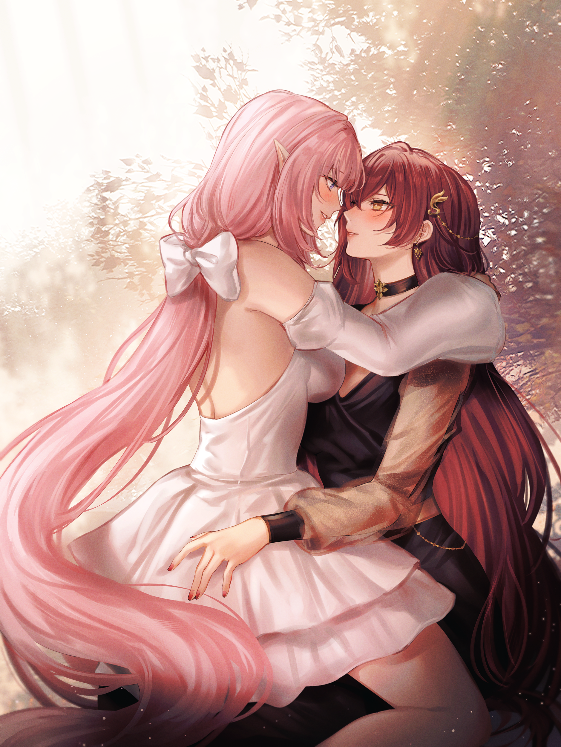yuli (yulipo), eden (honkai impact), elysia (honkai impact), honkai (series), honkai impact 3rd, absurdres, commission, commissioner upload, highres, skeb commission, 2girls, black dress, blush, bow, choker, couple, dress, elf, eye contact, face-to-face, from side, hair bow, hair ornament, hand on another's shoulder, hand on another's waist, long hair, looking at another, multiple girls, nail polish, open mouth, pink hair, pointy ears, sitting, sitting on lap, sitting on person, smile, sunlight, very long hair, white bow, white dress, yellow eyes, yuri